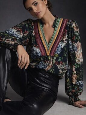 Bl^nk London Anthropologie dark floral embroidered Stephanie blouse